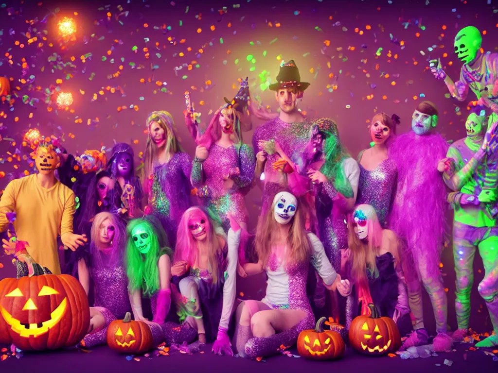 Image similar to Halloween Costume Living room Party , Confetti Streamers Glitter Blacklight UV Fantasy Hyper detailed digital matte painting, concept art, hyperrealism, Cinema 4D, 8k resolution, 64 megapixels, coherent, bokeh, CGSociety, ZBrush Central, behance HD, hypermaximalist, a masterpiece, 4K.