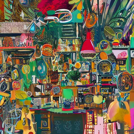 Prompt: overcrowded overrwrought busy pleasing palette illustration busy cluttered overgrown tangled mess kitchen maximalist bsqiat