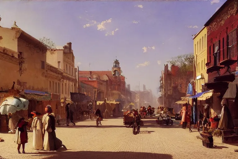 Image similar to street at dawn in a very beautiful Western town in summer by Ludwig Deutsch and Rudolf Ernst, colorful architecture, strong dramatic cinematic lighting, lost civilizations, smooth, sharp focus, extremely detailed