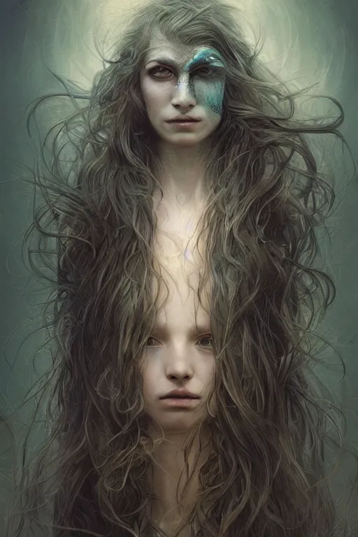 Image similar to A beautiful long-haired banshee with a human face, a fish body, and bird wings, dark fantasy, cinematic lighting, intricate, elegant, highly detailed, digital painting, artstation, smooth, sharp focus, illustration, art by artgerm and greg rutkowski and zdislav beksinski and alphonse mucha and Wayne Barlowe and william-adolphe bouguereau