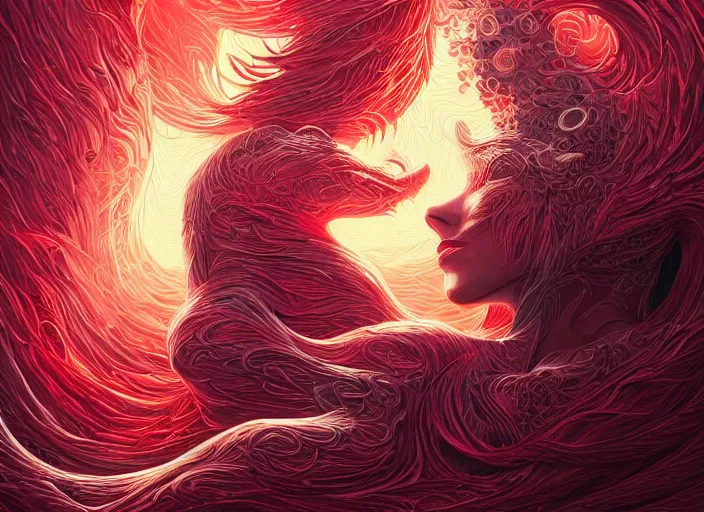 Image similar to woman loves and sit upon a scarlet coloured beast, pain, light effect, hyper detailed, intricate, elegant, highly detailed, digital painting, artstation, concept art, matte, sharp focus, illustration, by dan mumford, yusuke murata, makoto shinkai, ross tran