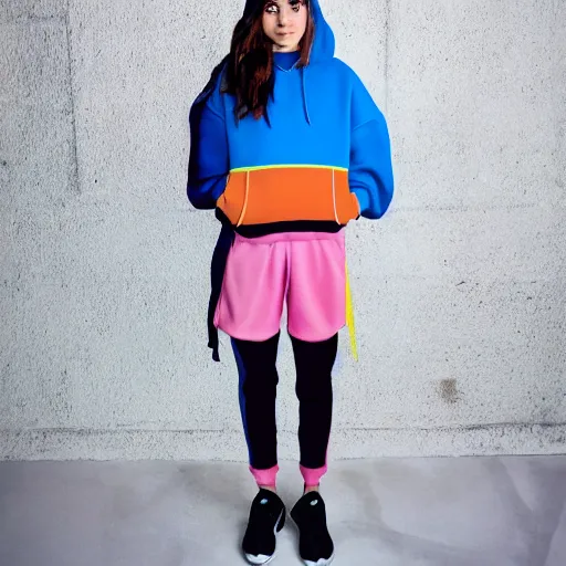 Prompt: a photo of hila klein wearing teddy fresh color block hoodie, fashion, model, realistic, photography, high quality