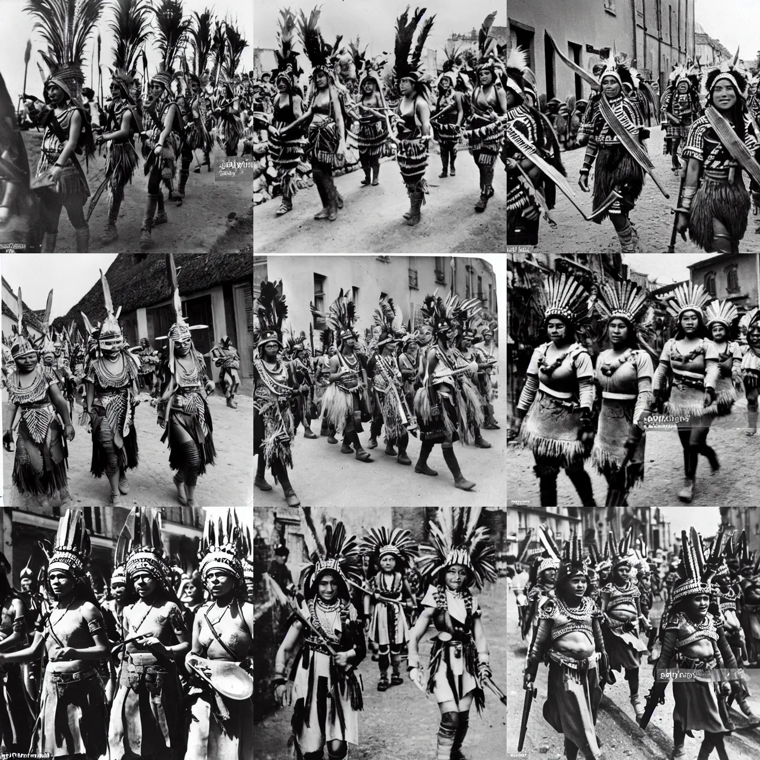 Prompt: young female aztec soldiers in headdresses marching through a liberated french town