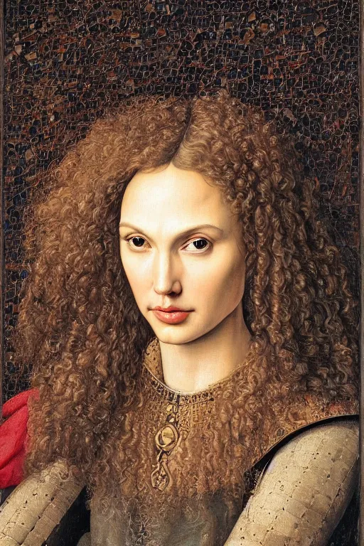 Image similar to portrait of gal gadot, oil painting by jan van eyck, northern renaissance art, oil on canvas, wet - on - wet technique, realistic, expressive emotions, intricate textures, illusionistic detail