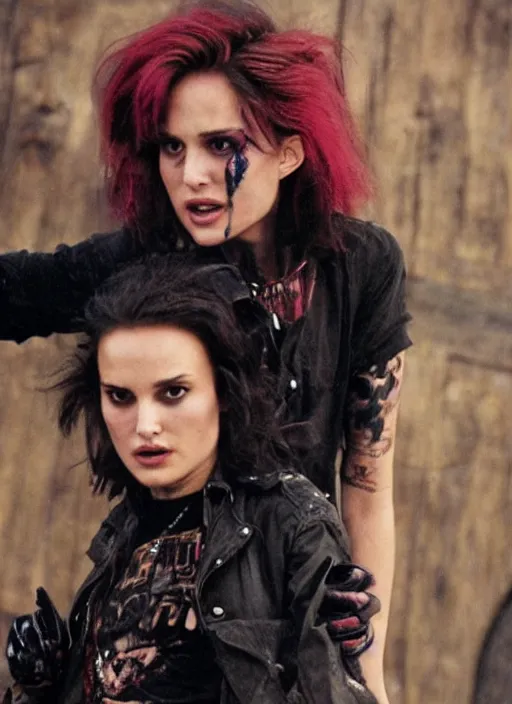 Image similar to promotional image of natalie portman as a british punk rocker in the 80s, rugged black clothes, colorful dyed short hair, tatoos, detailed face, movie still frame, promotional image, imax 70 mm footage