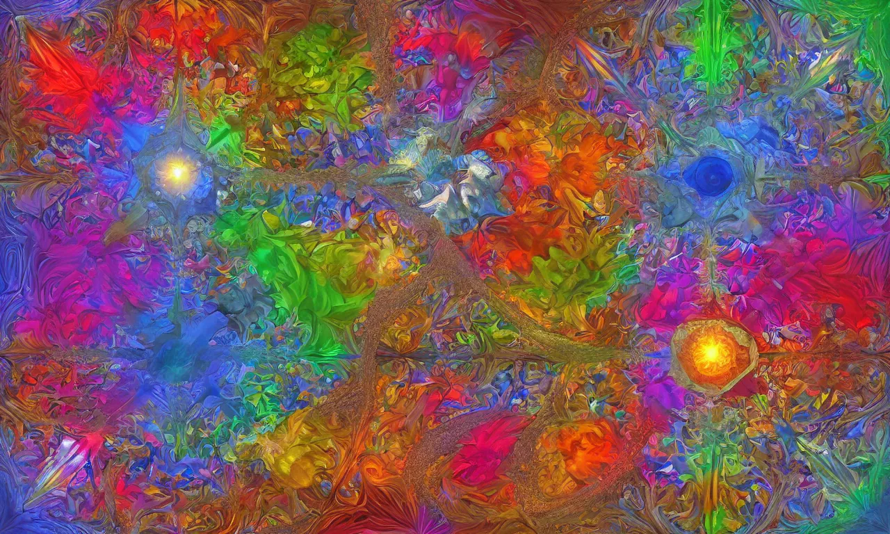 Image similar to voronoi engine laboratory 3 d volume kaleidoscope mandala fractal chakra digital multicolor stylized concept substance by artgerm, rossdraws, norman rockwell, magali villeneuve, gil elvgren, alberto vargas, earl moran, enoch bolles radiating a glowing aura global illumination ray tracing hdr