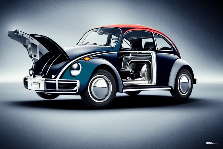Image similar to Futuristic sinthwave magazine advertisement of the new Volkswagen Beetle with gullwing doors, retro futuristic illustration, hyper realistic, award winning advertising photo