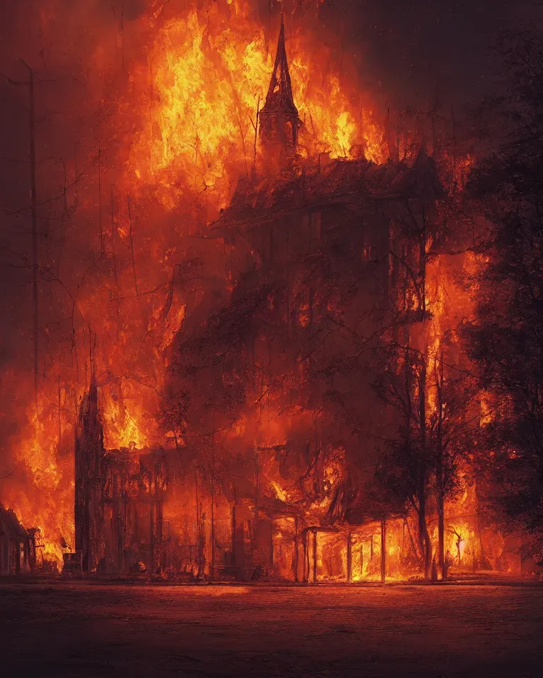Prompt: a beautiful hyperrealistic architecture painting of a detailed burning church on fire by Alena Aenami, Anton Semenov, Alejandro Burdisio, trending on artstation, wikiart, gigantic, octane render, brilliantly coloured, intricate, ultra wide angle, trending on artstation, dusk, smoke, embers, flames, volumetric lighting, polished, micro details, ray tracing, 8k