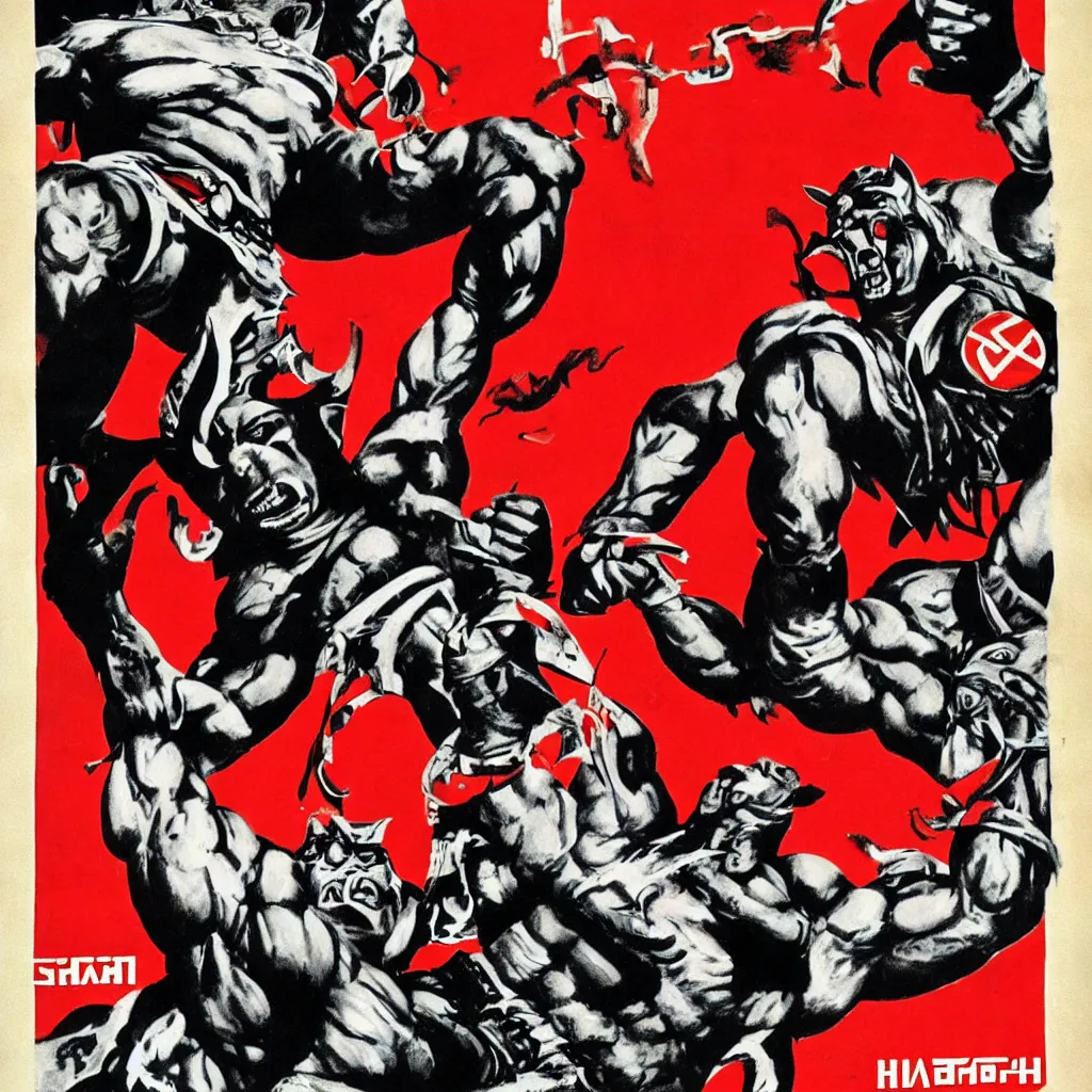 Prompt: shao kahn, soviet union, propaganda poster, art