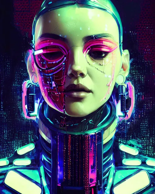 Image similar to detailed portrait cybernetic woman, cyberpunk futuristic neon, reflective puffy coat, decorated with traditional japanese ornaments by ismail inceoglu dragan bibin hans thoma greg rutkowski alexandros pyromallis nekro rene maritte illustrated, perfect face, fine details, realistic shaded, fine - face, pretty face