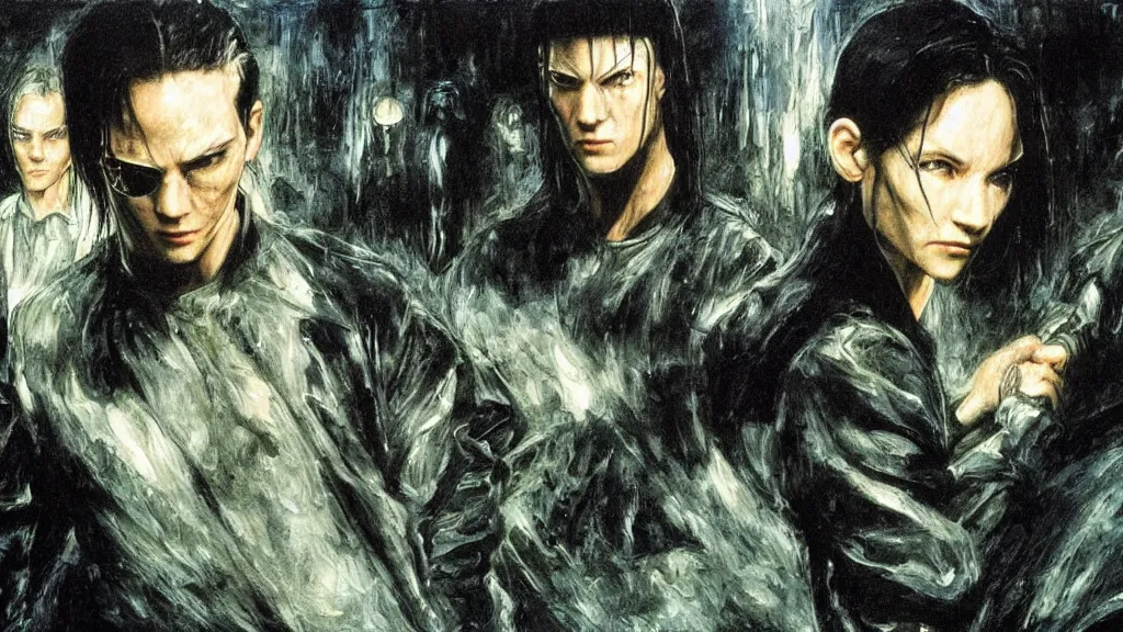 Image similar to an oil painting in the style of alan lee depicting the movie the matrix ( 1 9 9 9 )