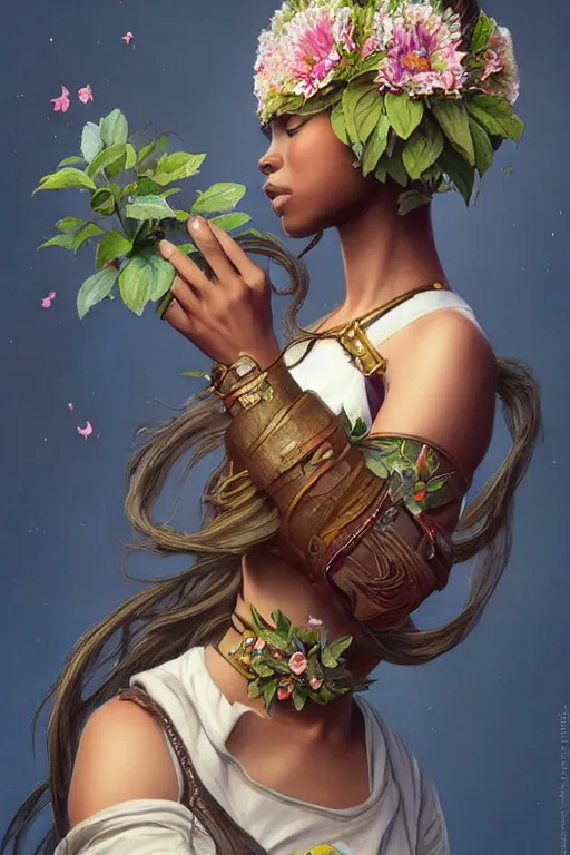 Image similar to ultra realistic illustration, swahili girl with flowers blossoming from helmet, elegant, highly detailed, digital painting, concept art, smooth, sharp focus, illustration, art by artgerm and greg rutkowski and alphonse mucha