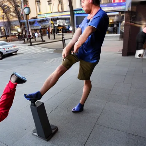 Prompt: man kicked in the head by a bare foot with toes coming through the handset of a pay phone