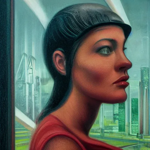 Prompt: detailed face of a woman, clockwork, moment, tectonic sky, skydome, bullet train, turbines, utopian, tech noir, wet reflections, prism, atmospheric, ambient, pj crook, syd mead, livia prima, edward hopper