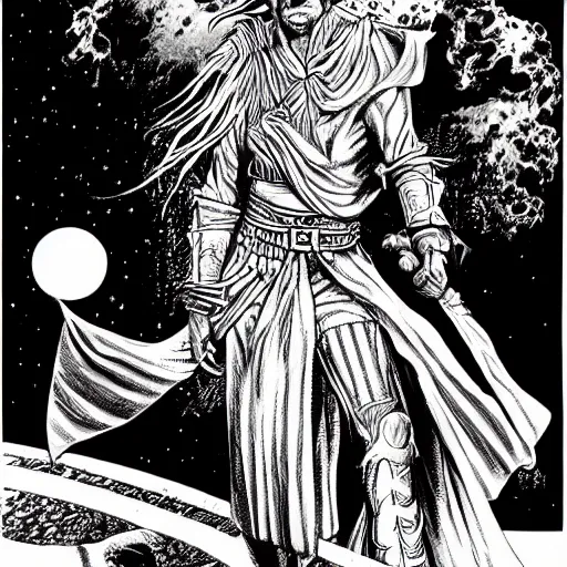 Image similar to the unlucky mage. pen and ink by larry elmore, 1 9 8 2