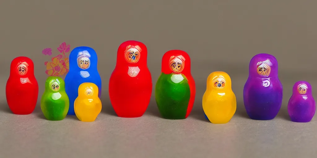 Image similar to gummy bear matryoshka doll each size a different colour, hyper real, maxwell render