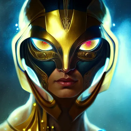 Image similar to superhero, sci fi, glowing eyes, volumetric lights, gold theme, art nouveau botanicals, intricate, highly detailed, digital painting, artstation, concept art, smooth, sharp focus, cinematic, illustration, beautiful face, art by artgerm and greg rutkowski and alphonse mucha