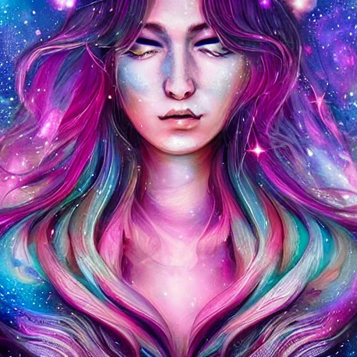 Image similar to a galaxy pink purple and blue colored, psychedelic, ethereal, portrait, kim petras, eyes closed transcending to a higher plane of existence, cosmic nebulaic spirit form, eternal blessing, multiverse, by android jones, by ben ridgeway, visionary art, by artgerm, featured on artstation, cgsociety, by greg rutkowski