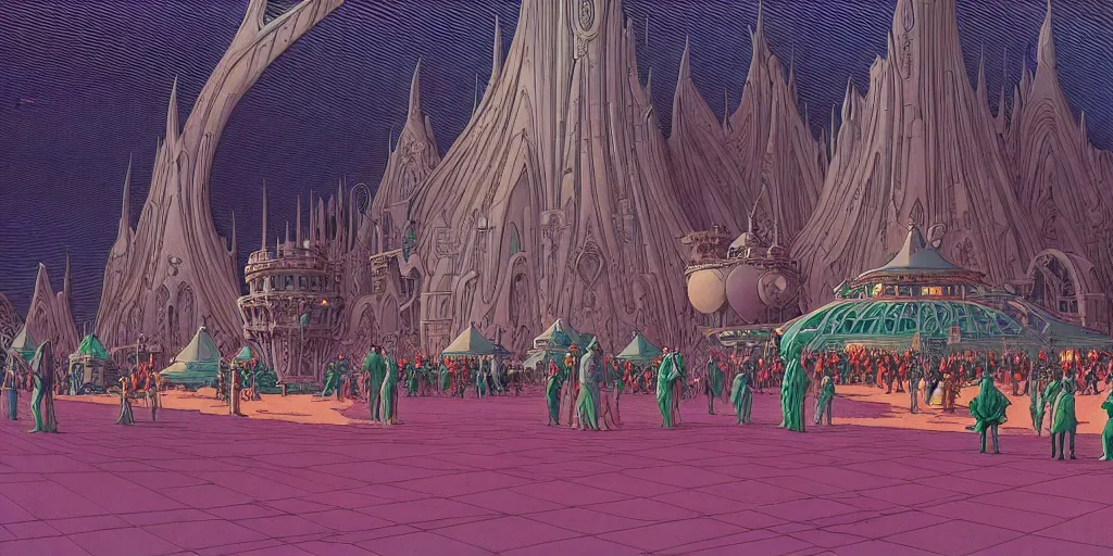 Prompt: cel shaded cinematic shot, matte illustration, the interior of a sci - fi space station with ornate elven architecture bustling with people, epic castle, emerald, crystalline, detailed illustration, sharp focus, crisp lines, art by moebius, jean giraud moebius comic illustration