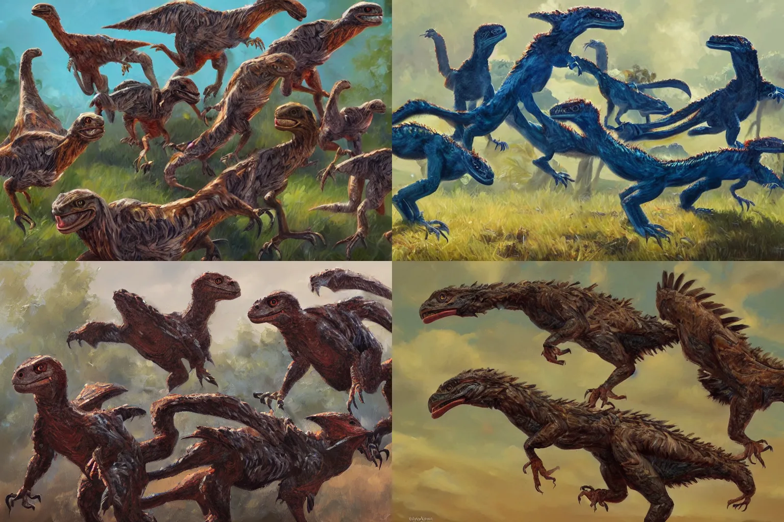 Prompt: expressive oil painting of a flock of velociraptors, detailed, complex color scheme, artstation