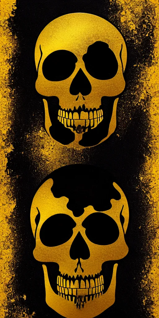 Image similar to a matte black skull that is split in half and has liquid gold paint dripping over it, with an art deco boarder, high quality, photo realistic, studio lighting