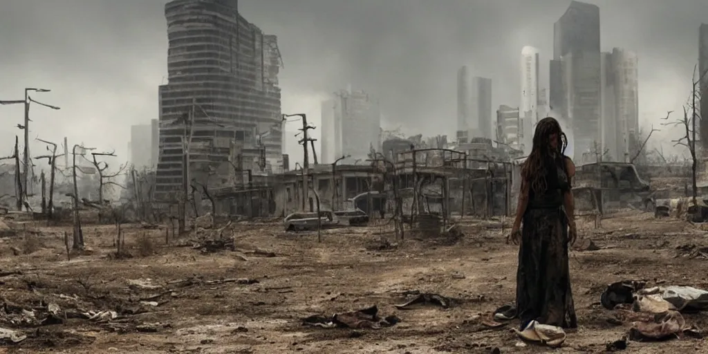 Image similar to a scene from a post - apocalyptic movie starring alicia wikander