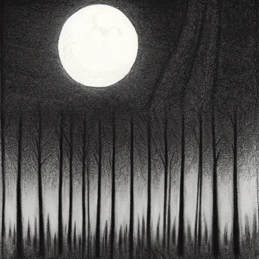 Prompt: charcoal drawing of rows of trees at night, the moon is seen between the trees, a cat stands on the forest floor, illustrated by chris van allsburg, illustration, masterful, volumetric light, subdued, subtle, greyscale