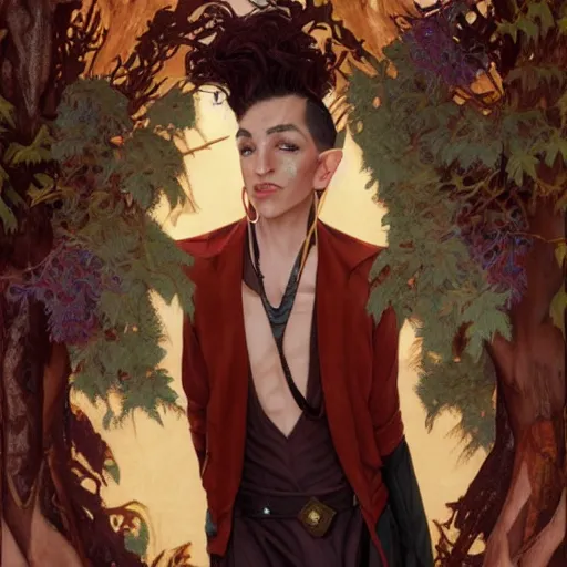 Image similar to a beautiful and androgynous half - elf with dark skin tone and messy short red hair and copper eyes with slit pupils, dressed in a jodhpuri suit, dnd character, golden aura, realistic portrait by ross tran and gerald brom and kehinde wiley and fernando amorsolo and alphonse mucha, trending on artstation