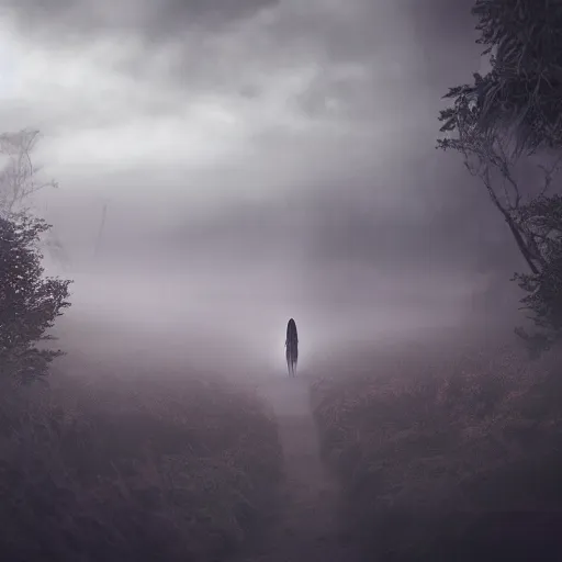 Image similar to spectres in the enchanted forest covered by foggy clouds of mist haul at the lone traveller of the roads, twilight, dreamy sequence, macabre spectacle, skeletal figures, curious, solitude, uneasy, octane, unreal 5, cinematic, 8 k uhd, intricate detail, hyperrealist, sharp, photoshop, polished, edited