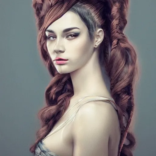 Image similar to beautiful portrait of a woman with artistic drawing brushes in her hair.