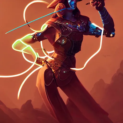 Image similar to action portrait of an astonishing beautiful futuristic robot archer, glowing neon bow, dungeons and dragons character design, artgerm and peter mohrbacher style, 4k