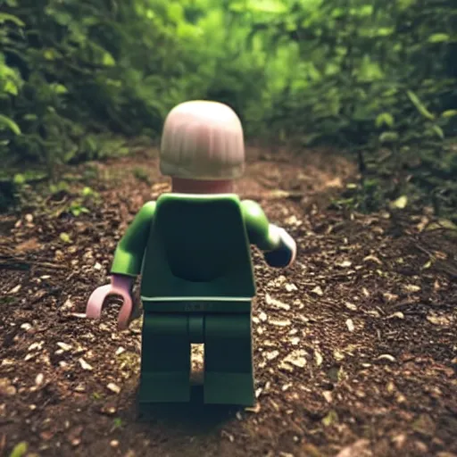 Prompt: “Lego figure caught running past a trail cam, midnight horror”