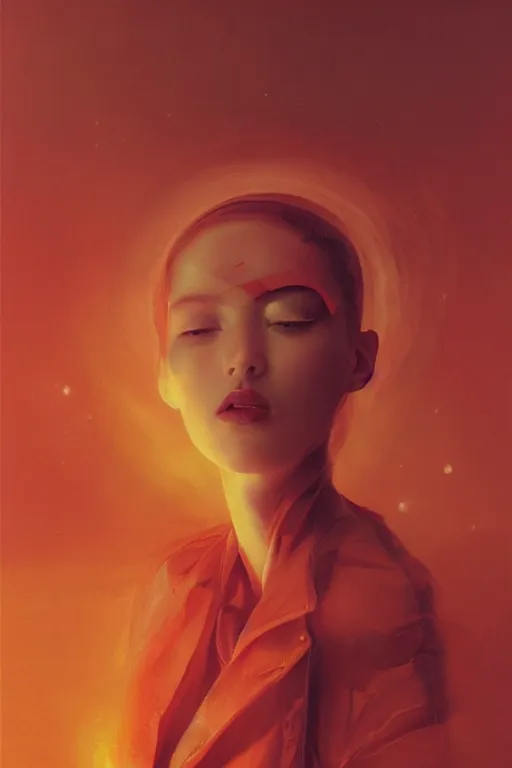 Prompt: 3 d, sci - fi, morning, sleepy fashion model face, sun, cinematic, lightning clouds, vogue cover style, stanley kubrick, light red and deep orange mood, realistic painting, intricate oil painting, high detail, figurative art, multiple exposure, poster art, 3 d, by tooth wu and wlop and beeple and greg rutkowski