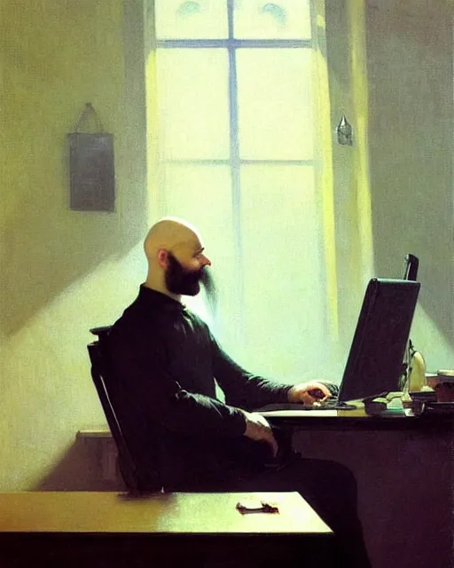 Image similar to a bald moustachioed beardless hacker at the computer. fantasy art by greg rutkowski, gustave courbet, rosa bonheur, edward hopper. faithfully depicted facial expression, perfect anatomy, sharp focus, global illumination, radiant light, detailed and intricate environment, trending on artstation