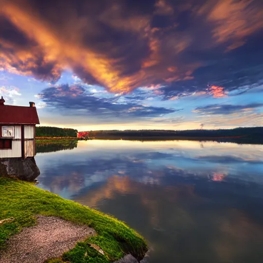 Prompt: landscape photography by jimmy nelson, swedish lake, sunrise, dramatic lighting, small house by the lake, soft clouds, beautiful reflections, unreal engine 8 k