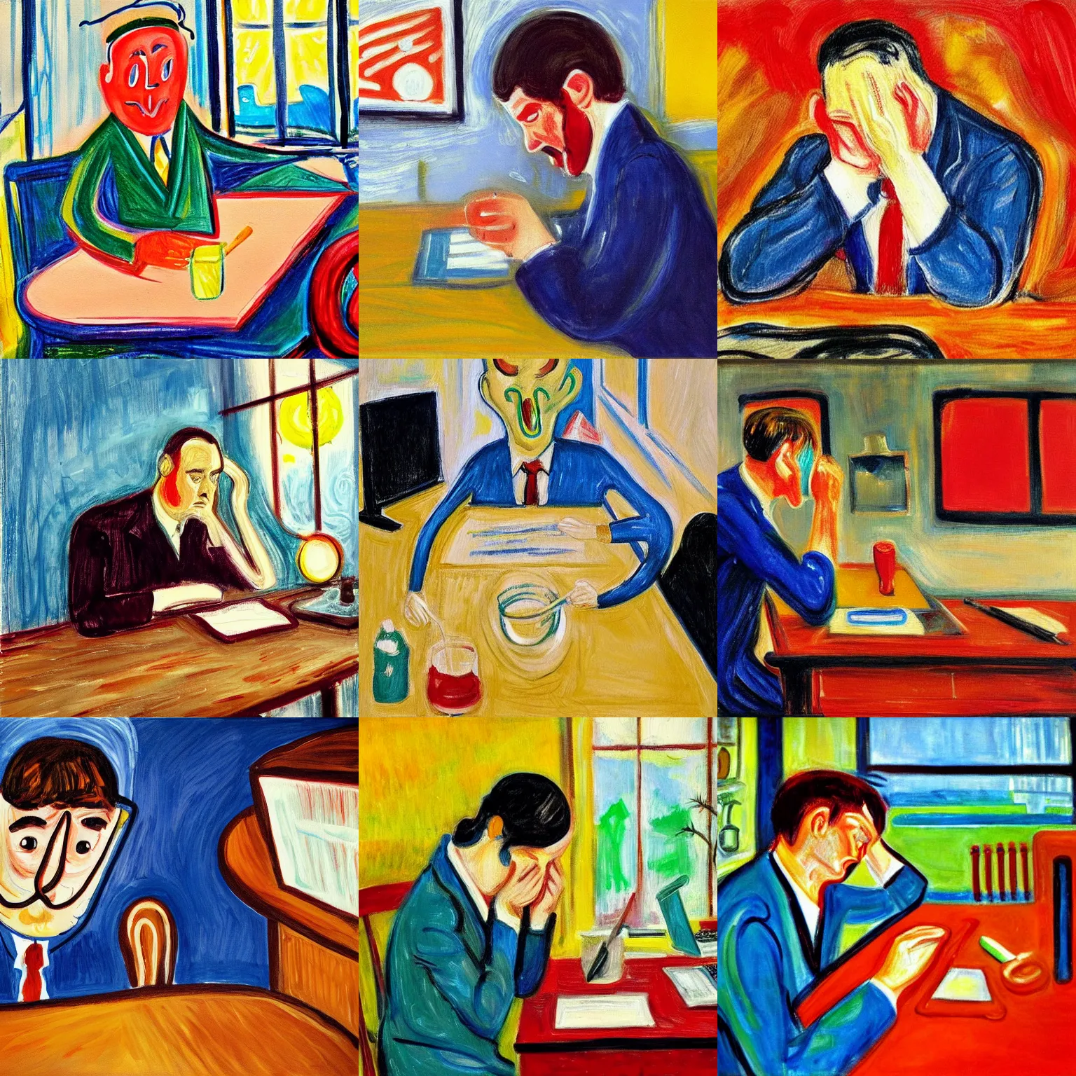 Prompt: a painting of a sad consultant working on the holidays while it's sunny outside in the style of Edvard Munch