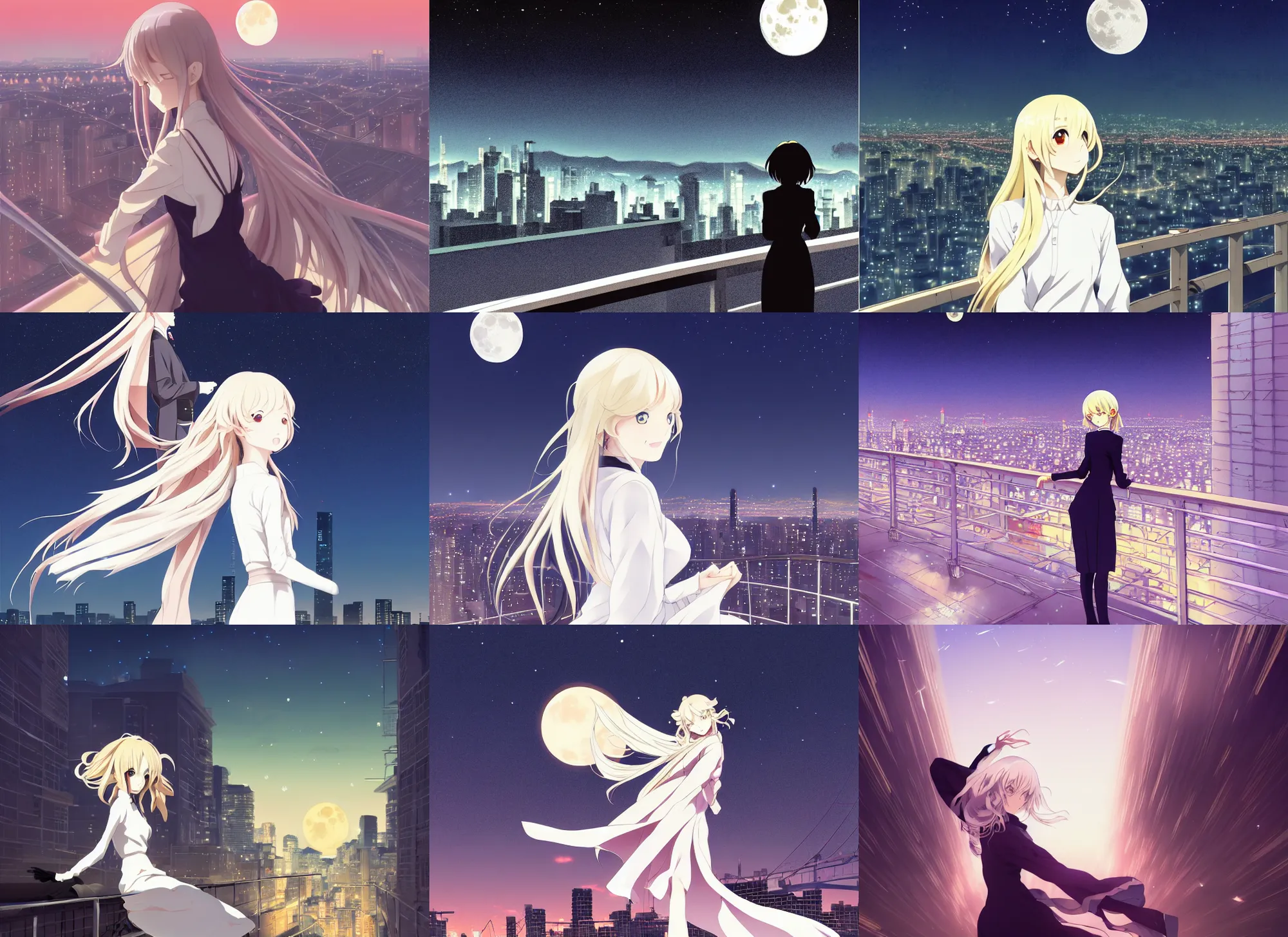 Prompt: anime visual, portrait of an elegant woman sightseeing above the city at night, white long hair, guardrail, moon, beautiful face by yoh yoshinari, katsura masakazu, dynamic pose, dynamic perspective, strong silhouette, ilya kuvshinov, anime cels, 1 8 mm lens, rounded eyes, realistic proportions, dramatic