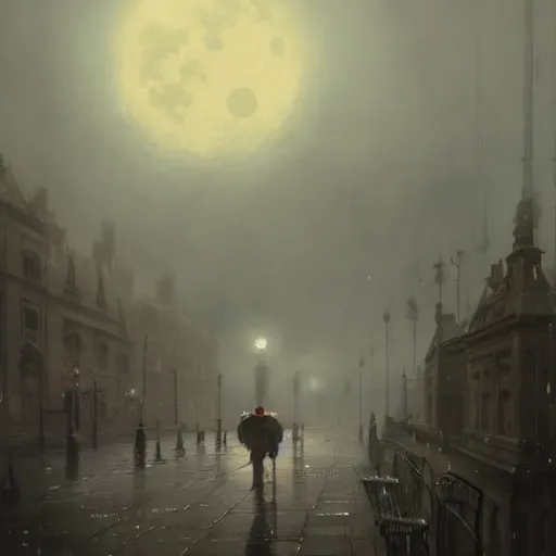 Prompt: A picture of victorian era london shrouded in mist, full moon above, raining, Greg Rutkowski, trending on artstation