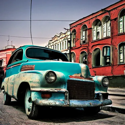 Image similar to low angle photo car in soviet town in mid day by william egglestone, bokeh