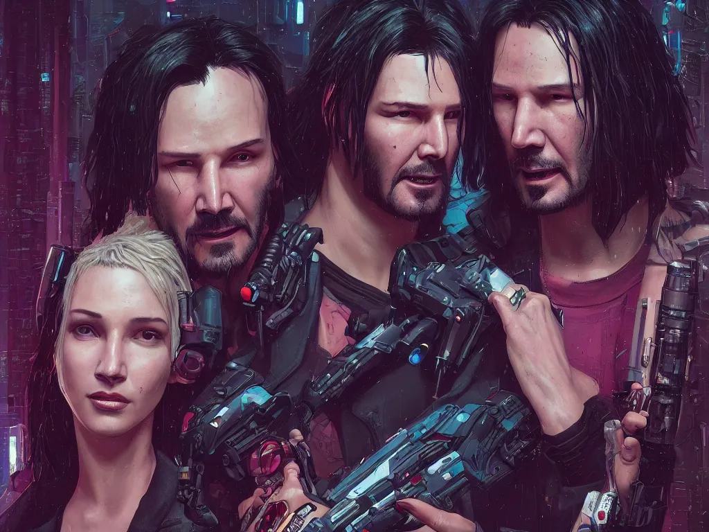 Image similar to a cyberpunk 2077 srcreenshot couple portrait of a Keanu Reeves and a female android final kiss,love,film lighting,by Laurie Greasley,Lawrence Alma-Tadema,Dan Mumford,John Wick,Speed,Replicas,artstation,deviantart,FAN ART,full of color,Digital painting,face enhance,highly detailed,8K,octane,golden ratio,cinematic lighting