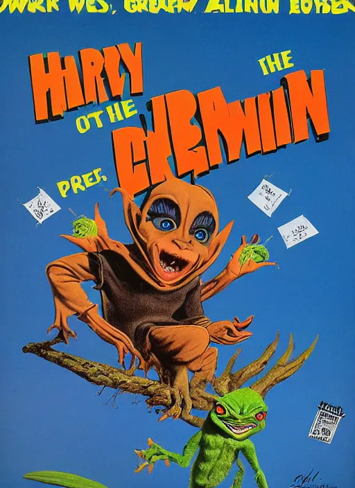 Image similar to a book with a picture of a gremlin ( 1 9 8 4 ) on it, poster art by harvey kurtzman, behance contest winner, pop surrealism, concert poster, poster art, movie poster
