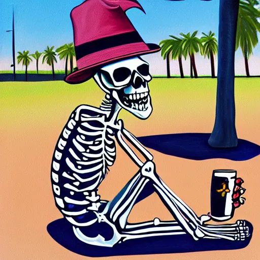 Prompt: painting of a skeleton wearing summer clothes and sunglasses, sitting on the curb at a long beach california, drinking beer and enjoying life