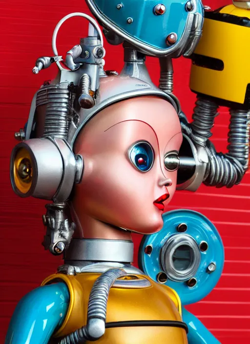 Image similar to highly detailed closeup, face profile portrait of a retro 1 9 5 0 s tin toy girl robot deep sea diver wearing a bikini, unreal engine, nicoletta ceccoli, mark ryden, earl norem, lostfish, global illumination, detailed and intricate environment