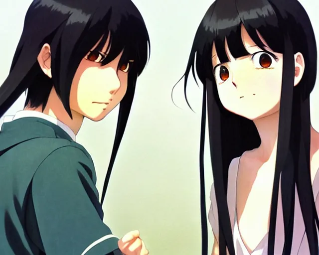 Image similar to beautiful anime girl with long black hair and bangs, two beautiful anime guys with black hair, wearing black clothes, siblings, fine details portrait, Japanese village background, bokeh. anime masterpiece by Studio Ghibli. illustration, sharp high-quality anime illustration in style of Ghibli, Ilya Kuvshinov, Artgerm