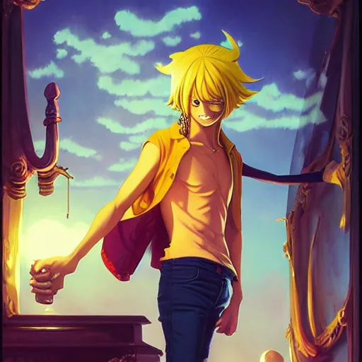 Prompt: sanji by eiichiro oda!, greg rutkowski, loish, rhads, beeple, makoto shinkai, tom bagshaw, alphonse mucha, sharp focus, art by artgerm and greg rutkowski, stanley kubrick, backlit, harsh overhead sunlight,