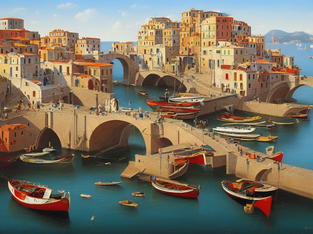 Prompt: A detailed oil painting of a beautiful Italian coastal town, bridge, boats, by Michiel Schrijver, isometric