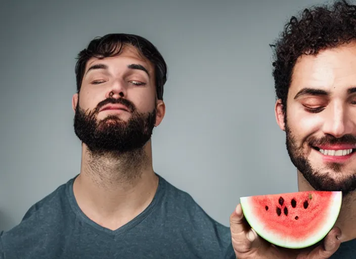 Image similar to photo still of a man with a watermelon for a head, 8 k, studio lighting bright ambient lighting key light, 8 5 mm f 1. 8