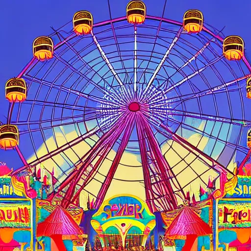 Image similar to a theme park in old egypt, sphynx and pyramids visible, ferris wheel, lights, carnival, illustration, digital art by laura price