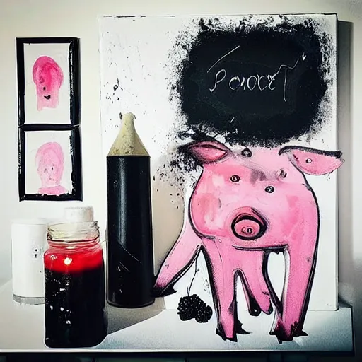 Prompt: “ a portrait in a female art student ’ s apartment, sensual, a pig theme, dreamy, art supplies, paint tubes, ikebana, herbs, a candle dripping white wax, black walls, squashed berries, berry juice drips, acrylic and spray paint and oilstick on canvas, surrealism, neoexpressionism ”