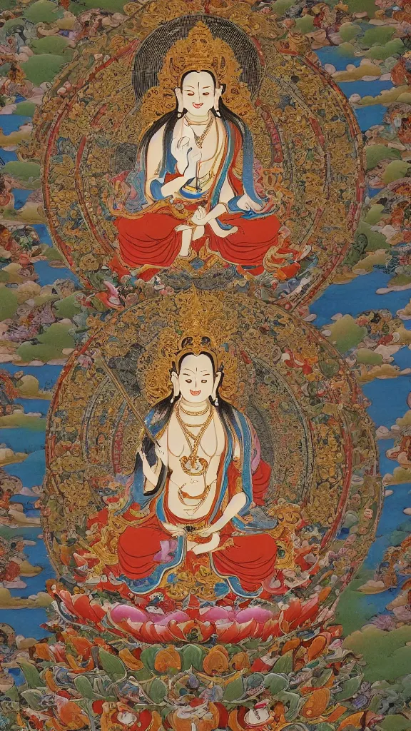 Image similar to a stunning intricate high-quality ornate ultradetailed Manjusri bodhisattva subdue demons, thangka arts, Tibetan, ca 12th century, Manjusri bodhisattva is shown seated on a lotus throne, with his right hand resting on his knee and his left hand holding a sword, Manjusri bodhisattva wears a crown and ample robes, and he has a serene expression on his face. The background is decorated with an intricate pattern of flowers and clouds, 64 megapixels, HDR, filmic, Octane, 8K resolution, ultrafine detail, ultrawide-angle lens, micro details, ray tracing,